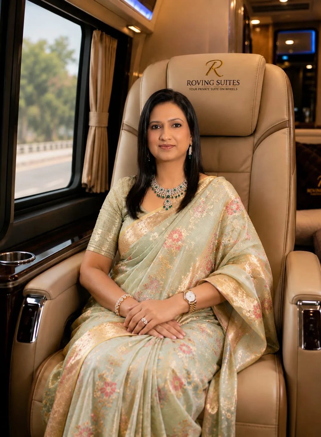 A woman seated in a Roving Suites recliner beside the vehicle window